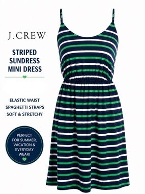 J. Crew Navy, White & Green Striped Spaghetti Strap Sundress